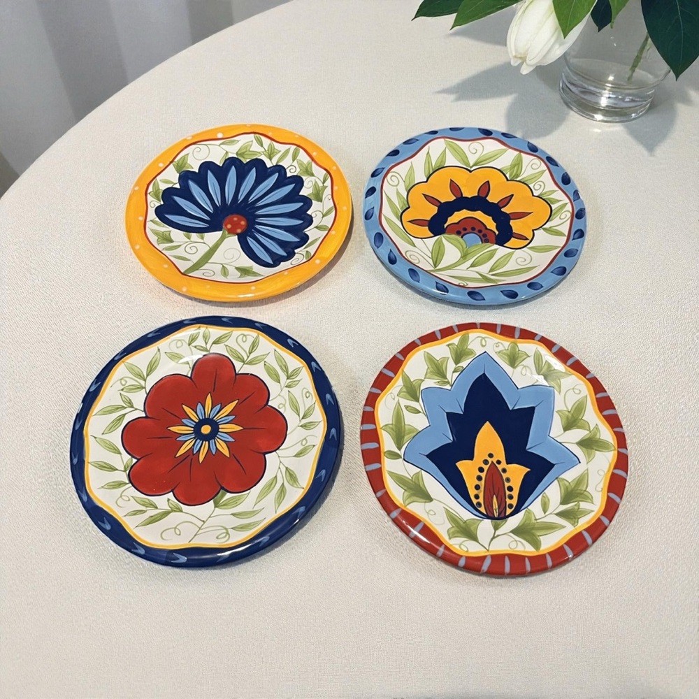 Set of 4 pier 1 floral hand, painted salad plates